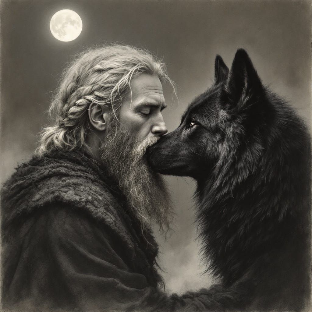 Man and Wolf: Intimate Moment in Charcoal Style