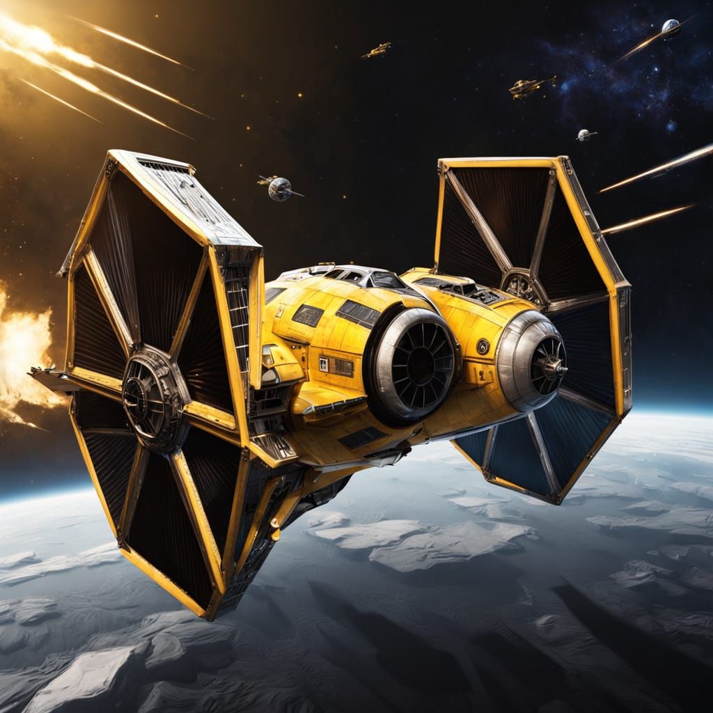 Tie Fighter in Bright JCB Yellow Livery, Soaring Through Spa...