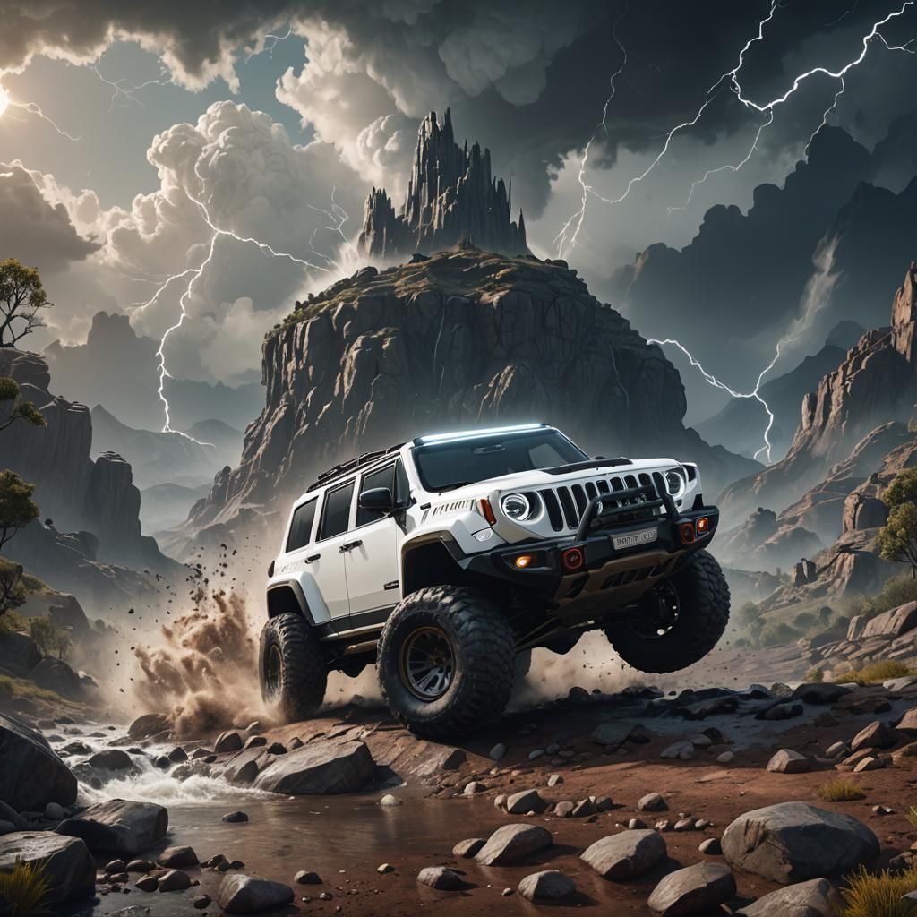 White Jeep in Thunderstorm: Fantasy Concept Art
