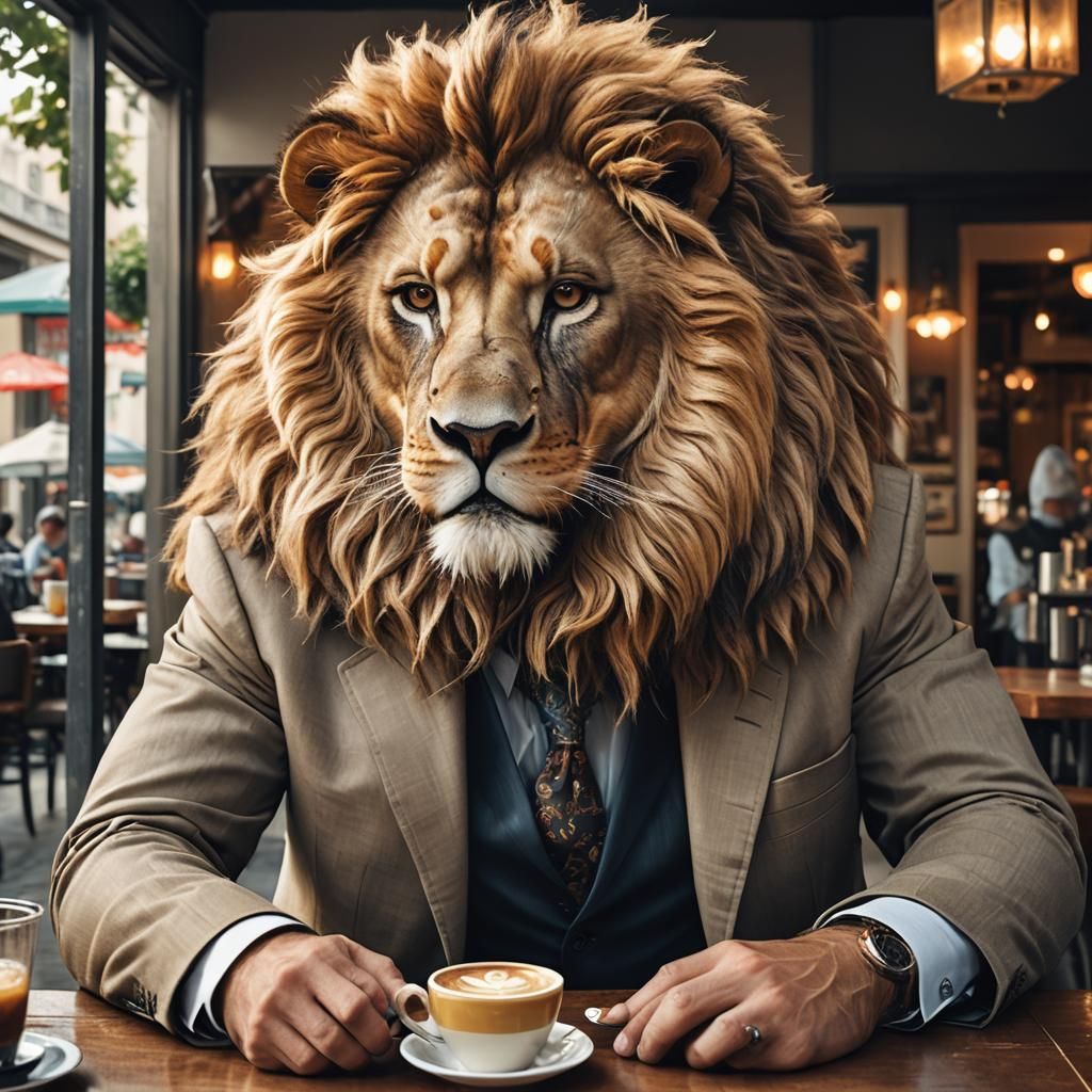 Lion-Headed Businessman in Cafe: Photorealistic Portrait