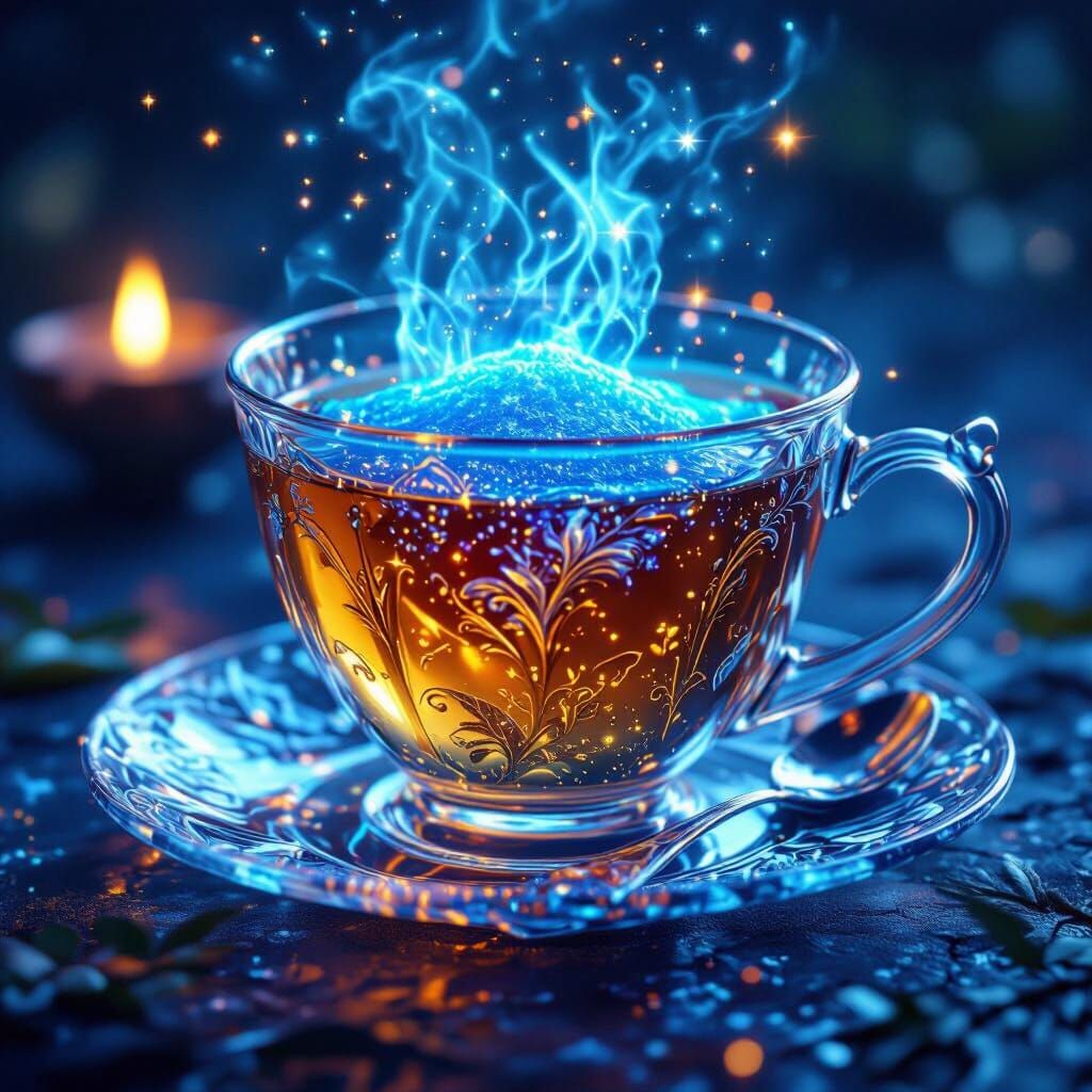 Glowing Blue Dust Tea in Crystal Cup: 3D Realistic Fantasy