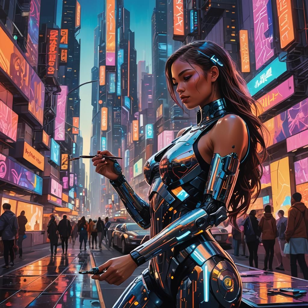 Cyborg Girl Paints a Futuristic Cityscape