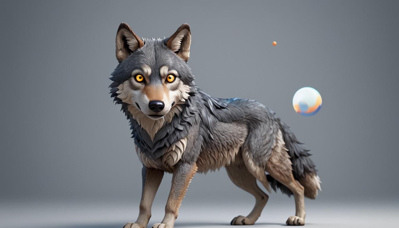 Gray Wolf with Googly Eyes in 3D Style