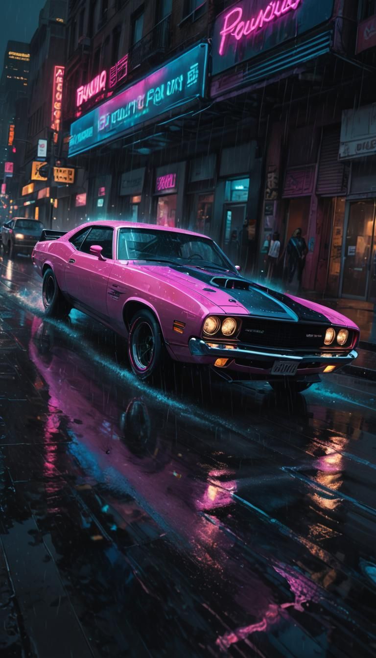 Retro-futuristic concept art. Low-angle shot. A fast and furious muscle car speeds down a wet, neon-lit city street at n...