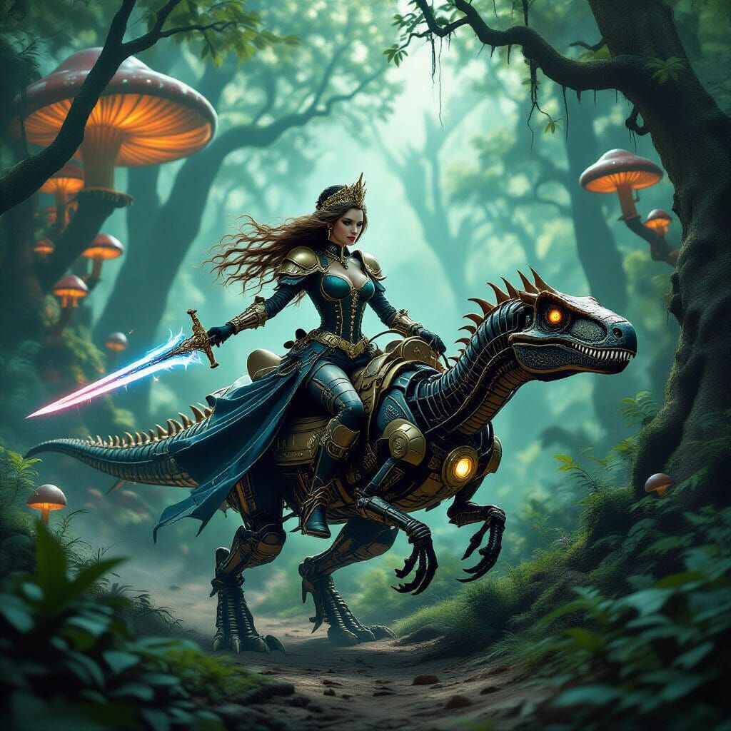 Steampunk Princess on Clockwork Raptor in Enchanted Forest
