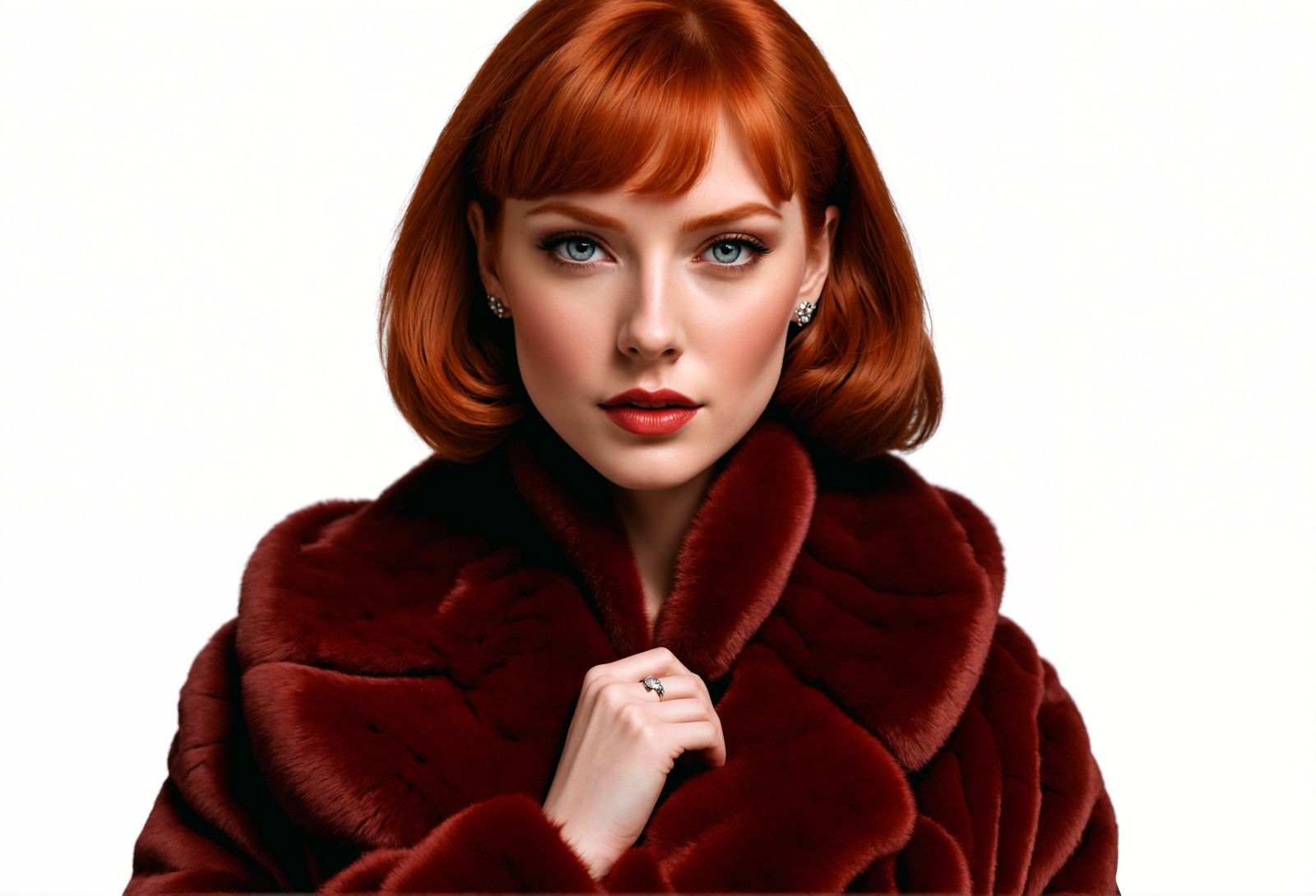 Hyperrealistic Redhead in Fur Coat, Cinematic Lighting
