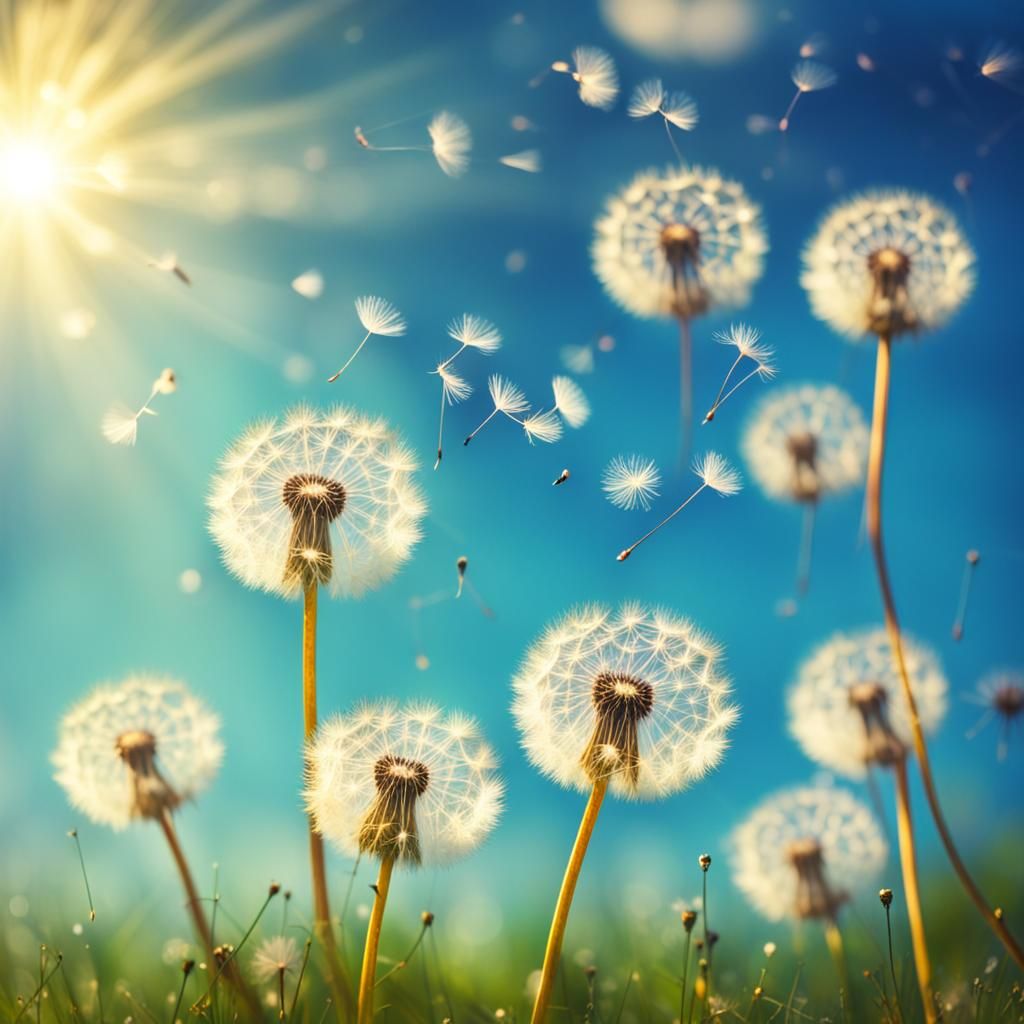 Dandelion Seeds Floating in the Air, Vibrant Photo