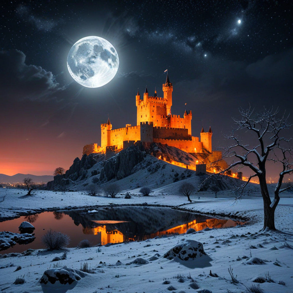 A Majestic Snowy Castle Rises into the Red-Lit Night