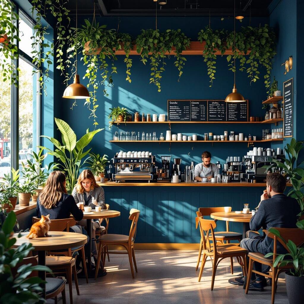 Vibrant Coffee Shop with Ultramarine Walls and Greenery