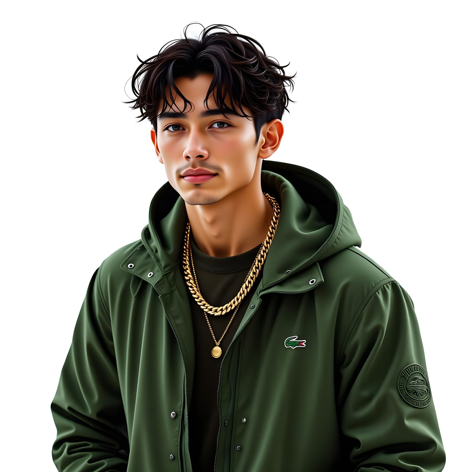 Young Man in Green Lacoste Jacket with Gold Chain