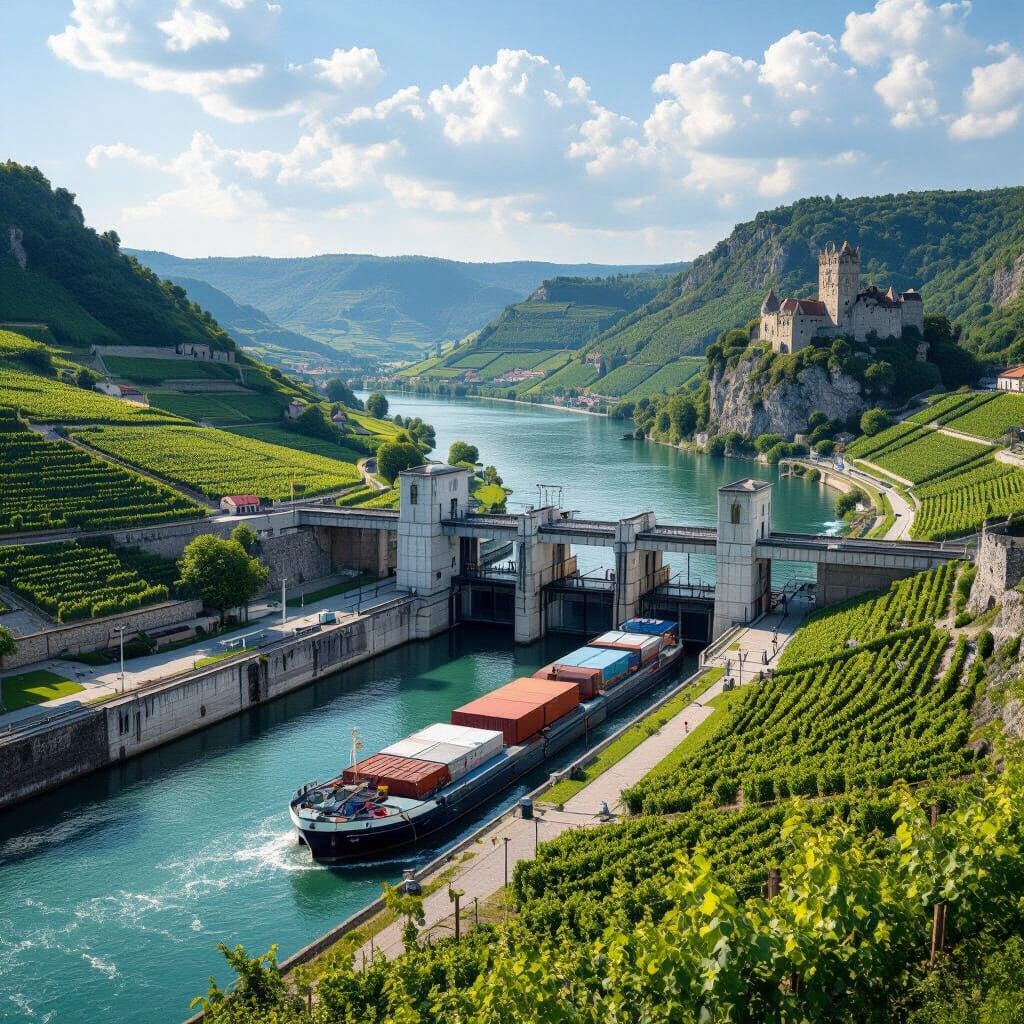 Hydroelectric Dam on Rhine River with Castle and Vineyards