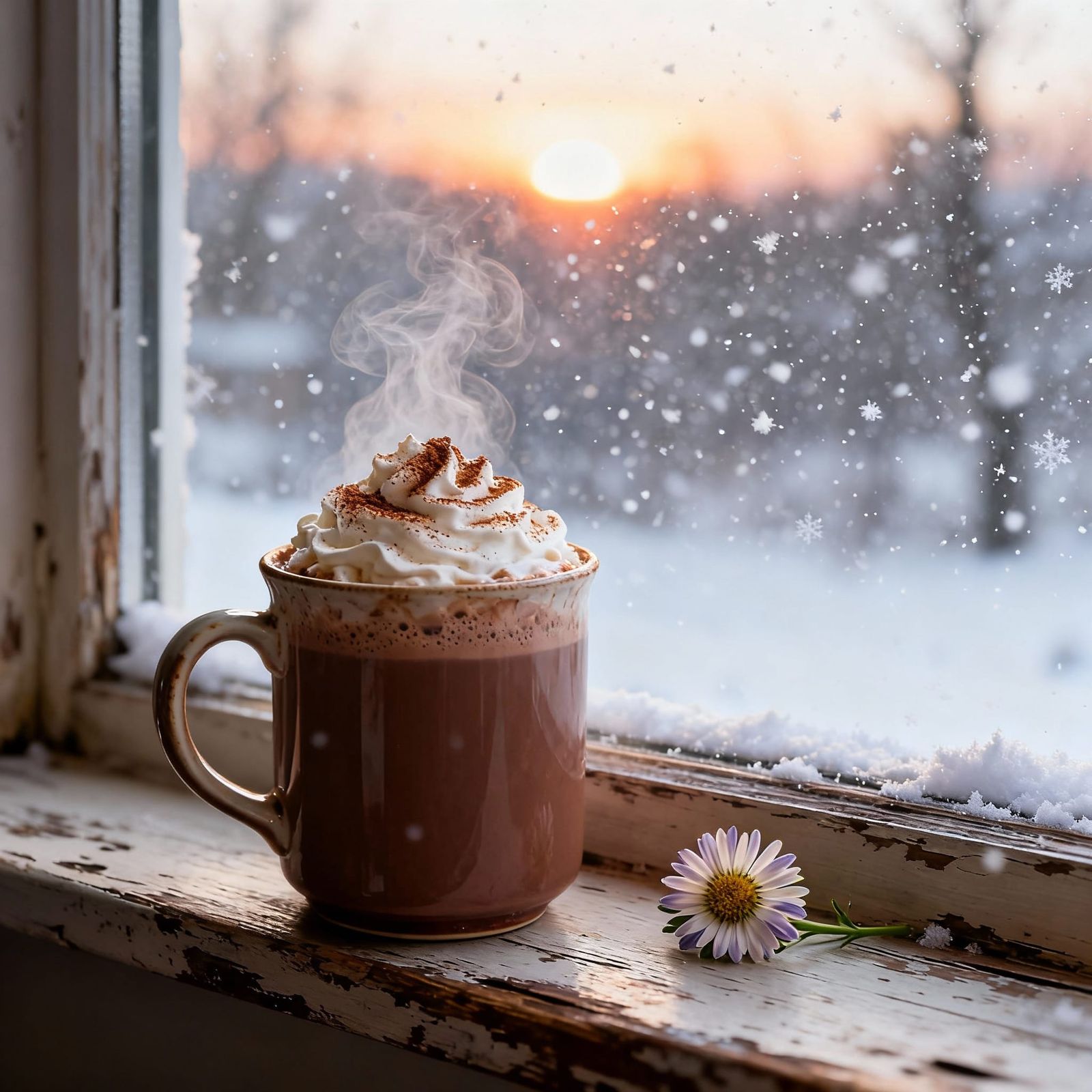 Hot Chocolate Mug on Snowy Sunrise Windowsill