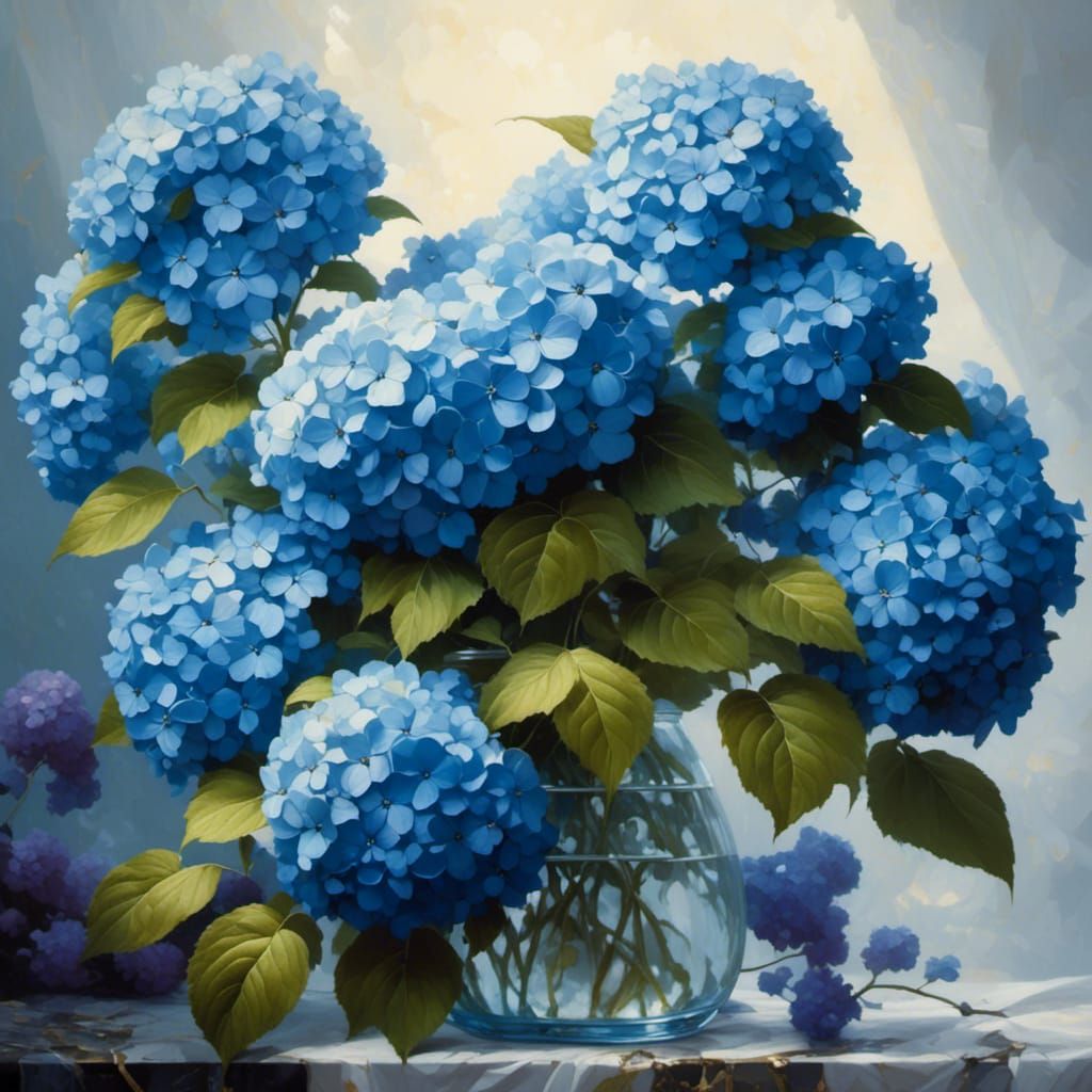 Dark Blue Double Hydrangeas Close-Up