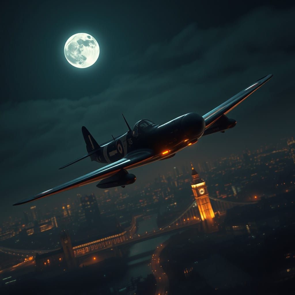 Sleek Fighter Jet soars through a Mystical London Sky