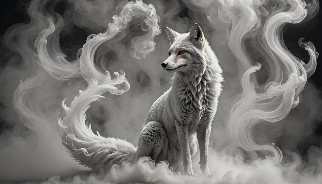 Ethereal White Smoke Fox Against Black Background