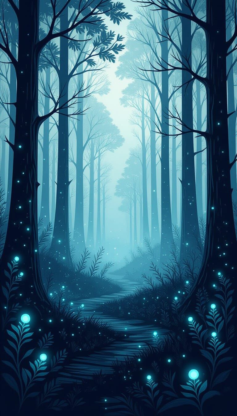 Enchanted Forest in Luminescent Line Art Style