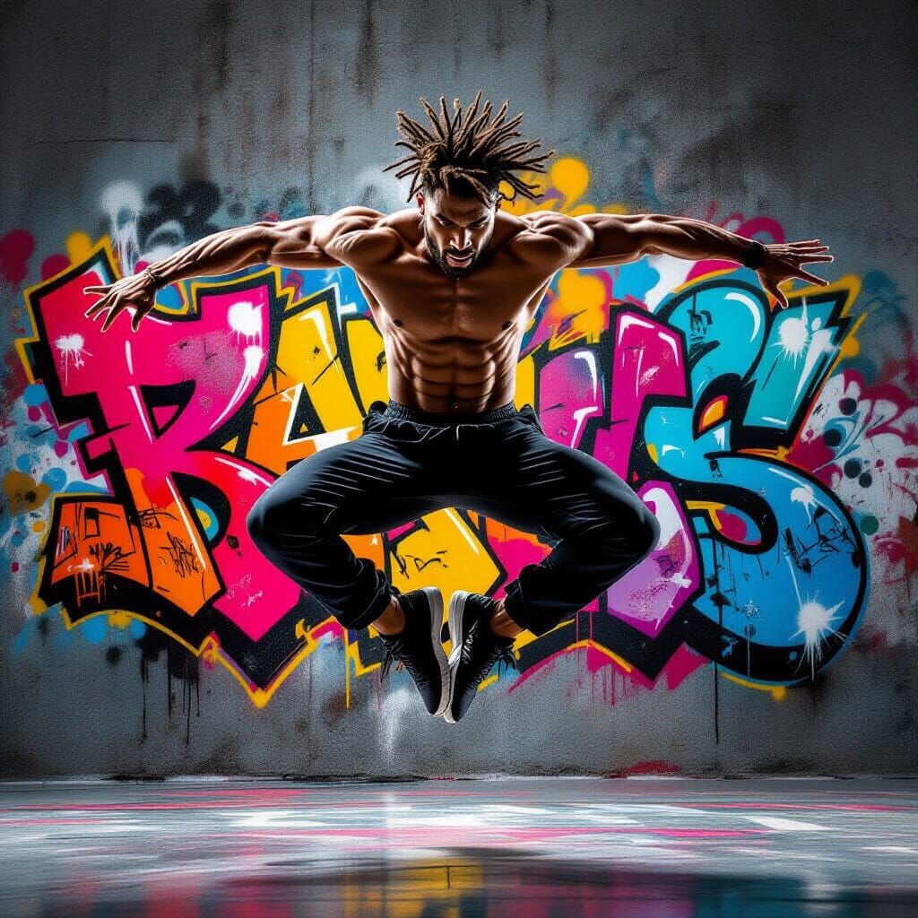 Dynamic Dancer Leaping Against Graffiti Art, Digital Illustr...