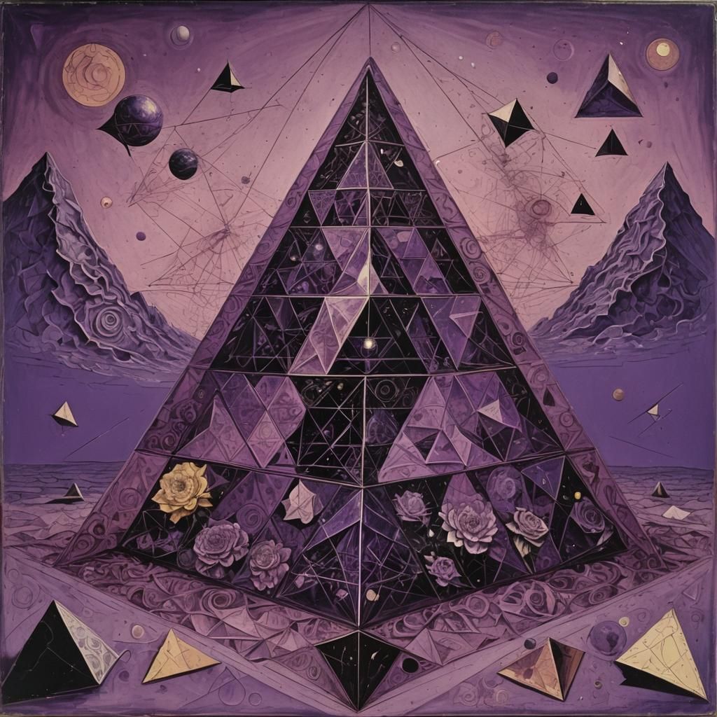 Surreal Geometric Pyramid in Purple Hues, Lithography