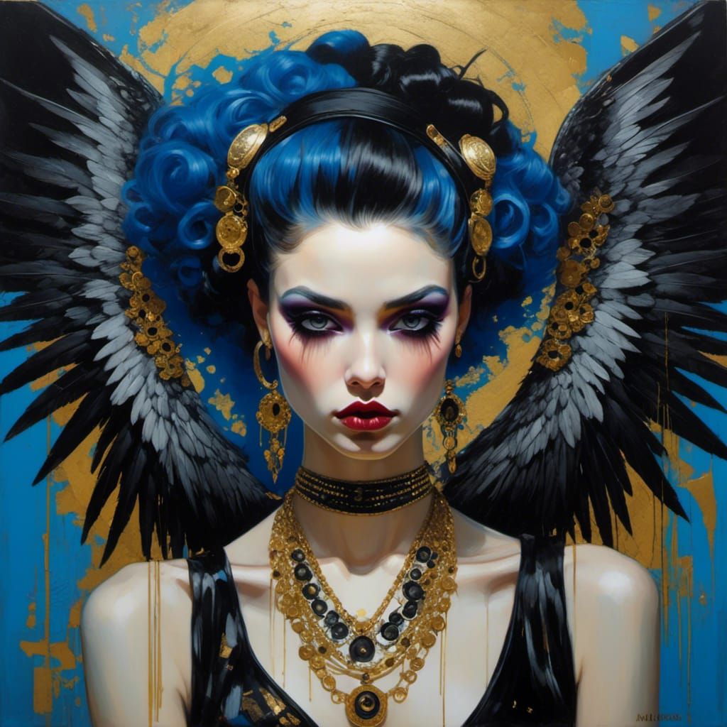 Punk Rock Angel with Black Wings in Klimtpunk Style