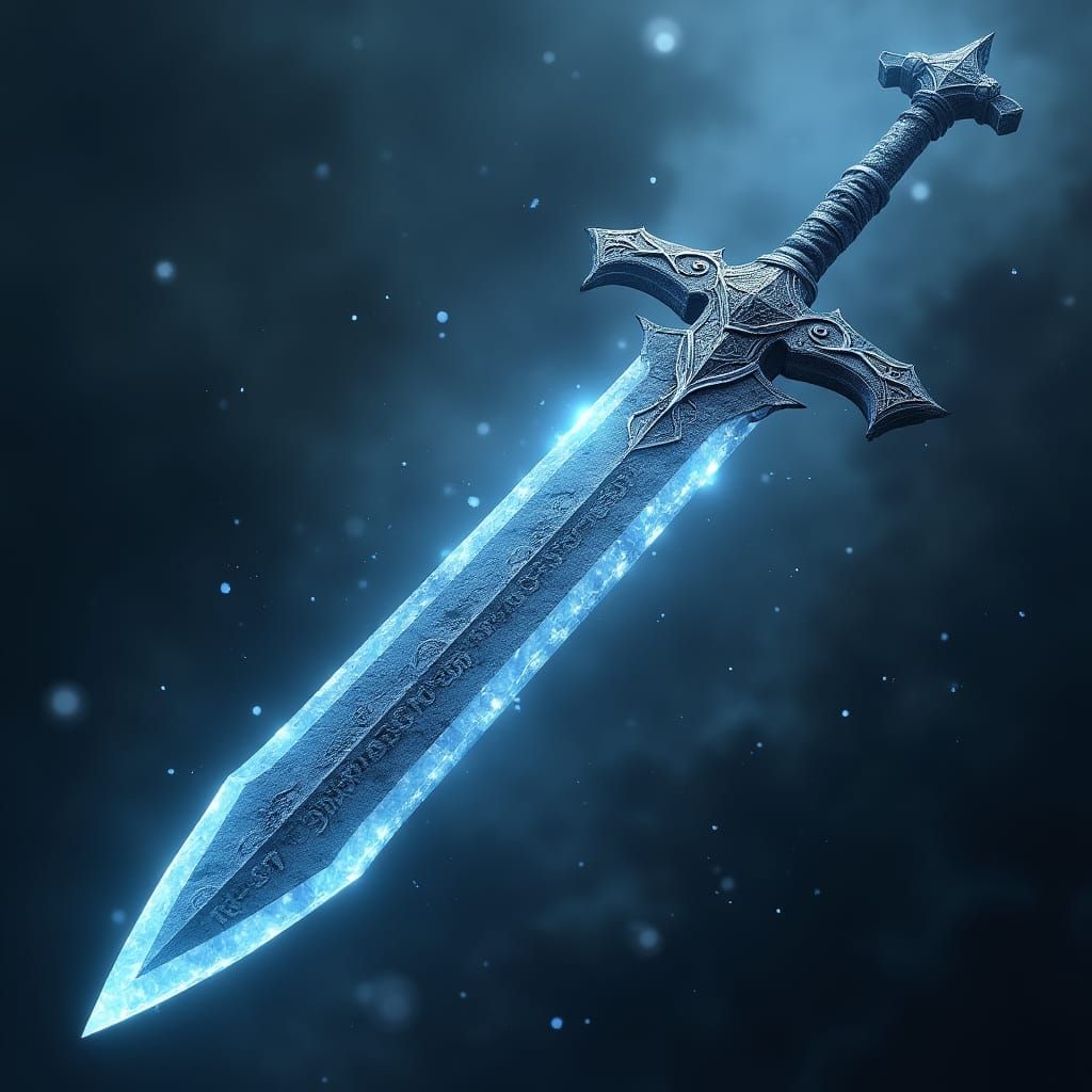 Ethereal Blue Norse Sword in Stormy Landscape