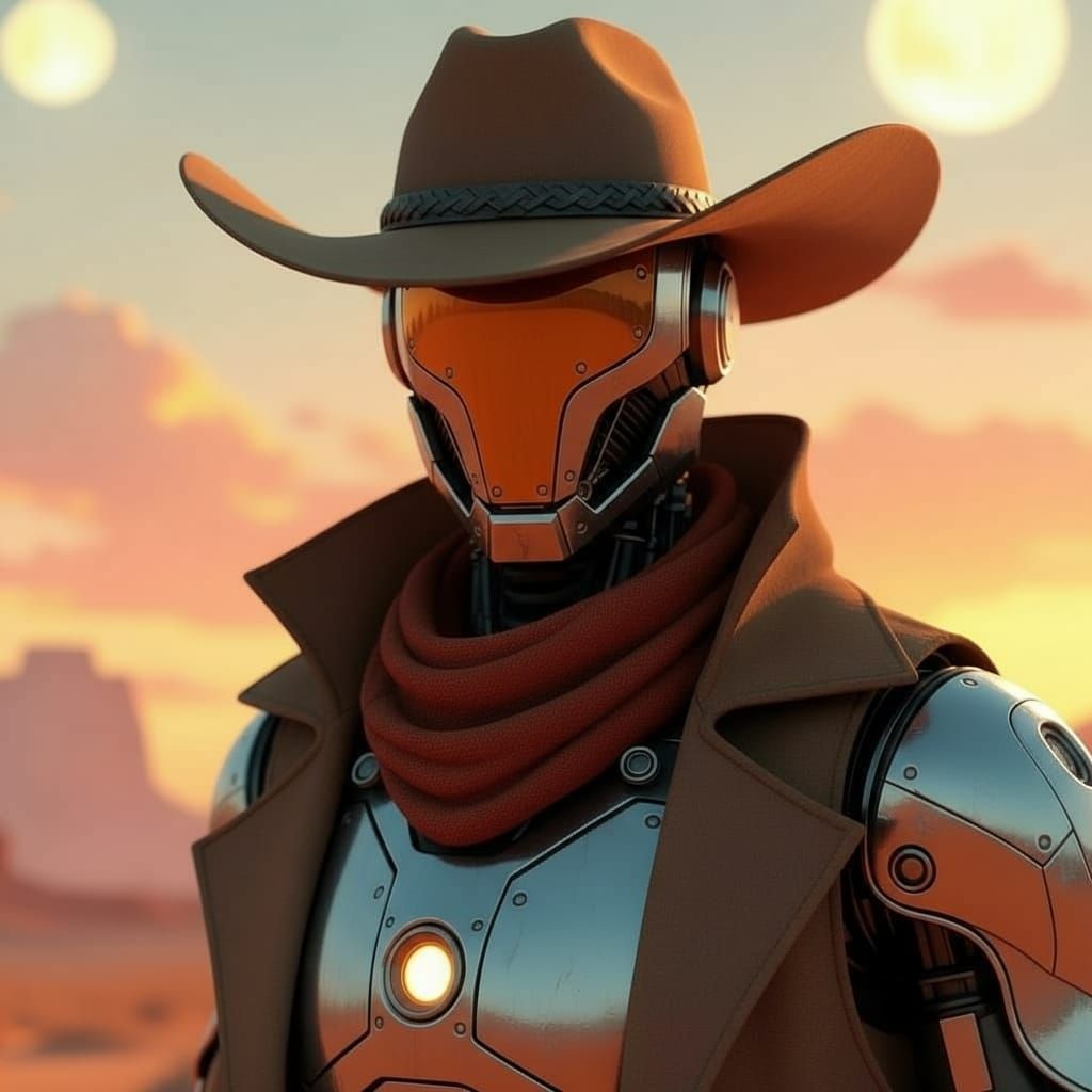 Lonely Cowboy Automaton in Alien Desert Sunset