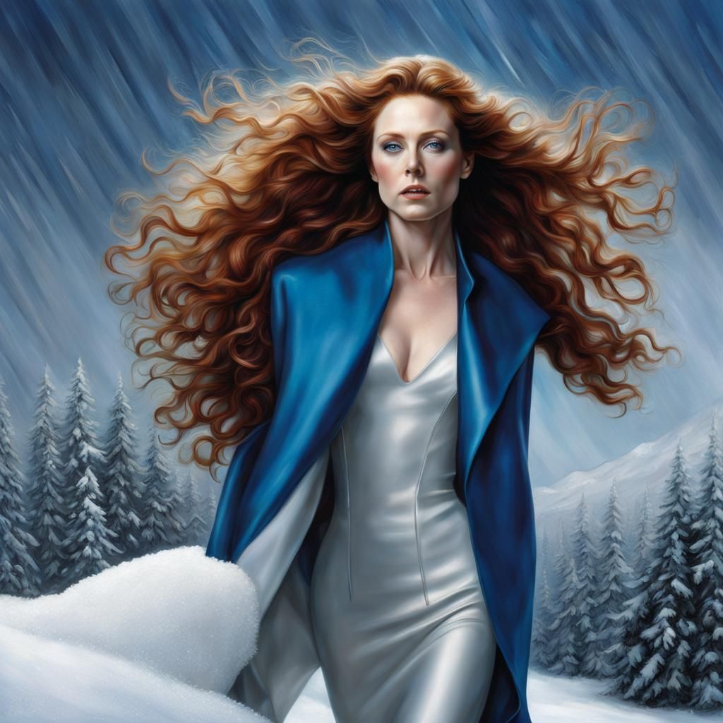 Hyperrealistic Queen with Curly Hair in Snow