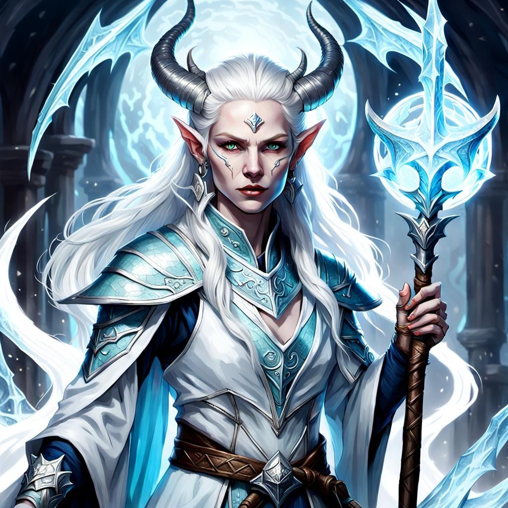 Ice Magic Tiefling Battle Mage with Dragon Horns