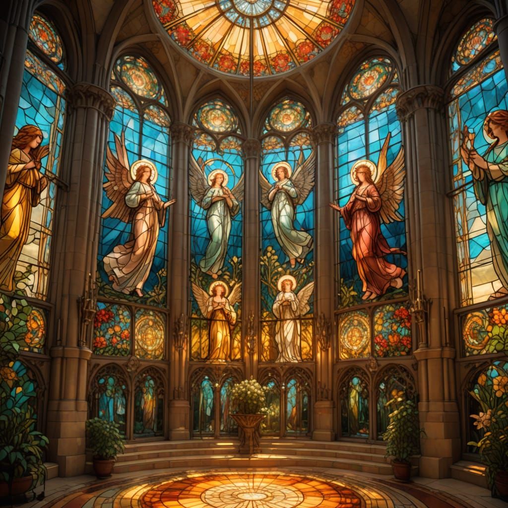 Angelic Choir in Art Nouveau Stained Glass Cathedral