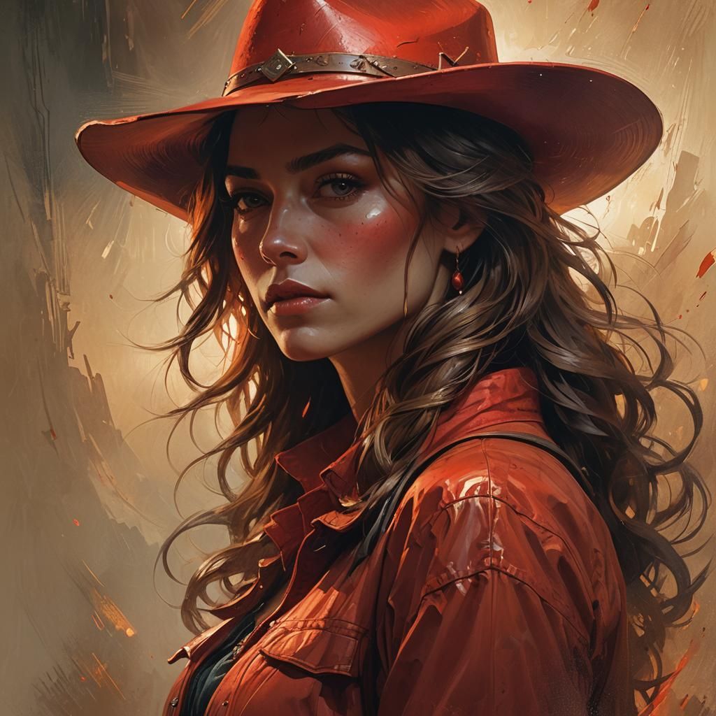 Poignant Portrait of Woman in Red Cowboy Hat