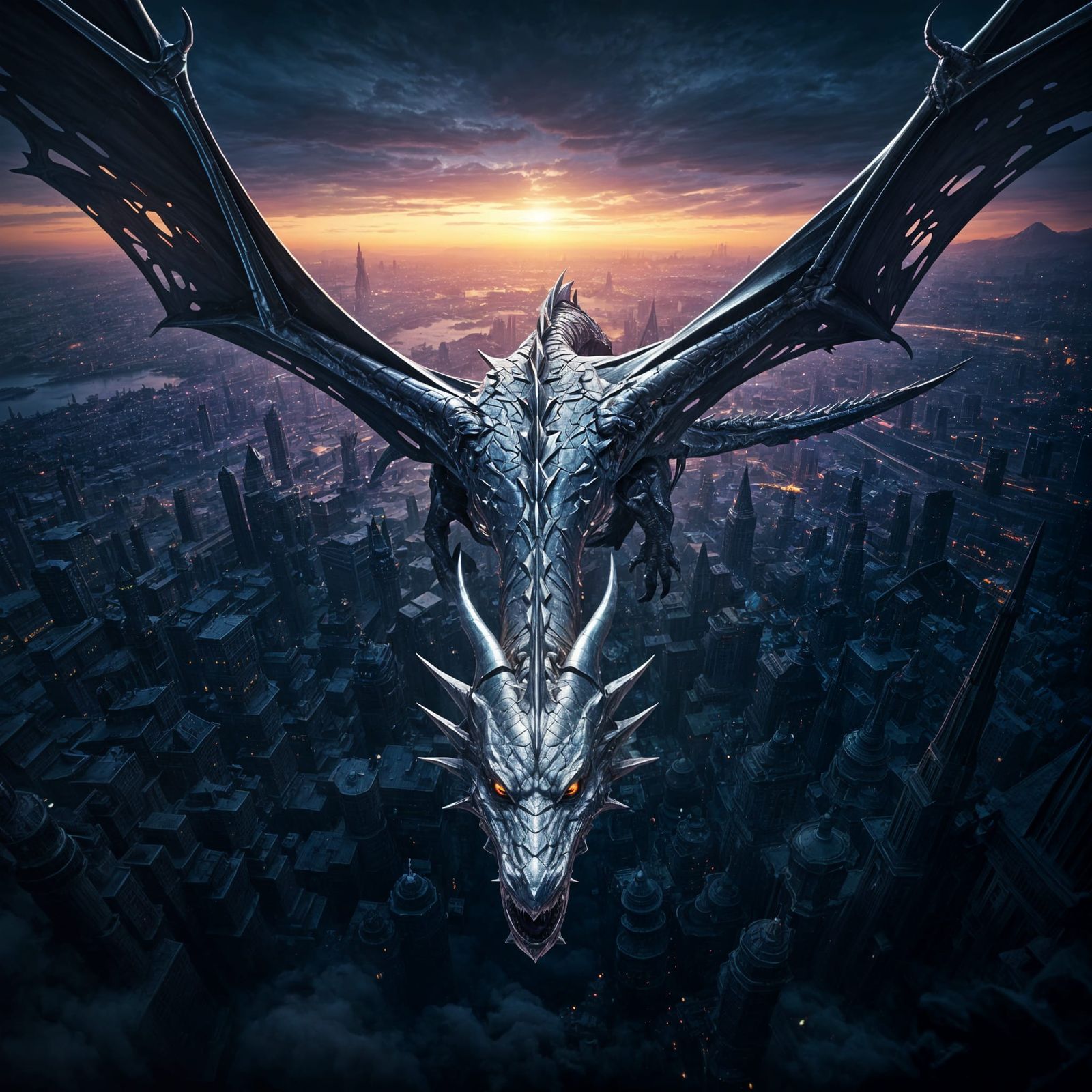 Shimmering Metallic Dragon Soars Over Fantasy City at Night