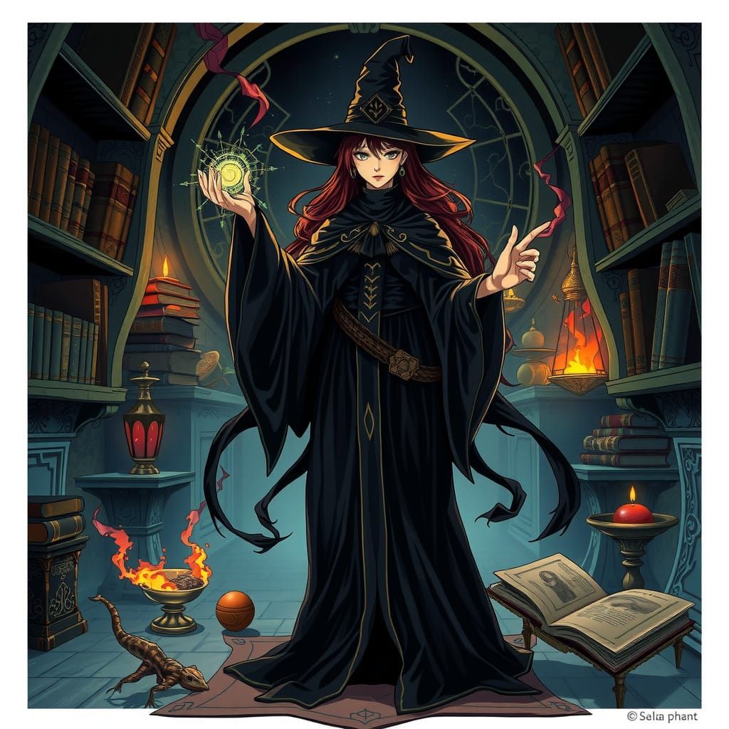 Dark Anime Fantasy Magician Woman in a Mystical Chamber