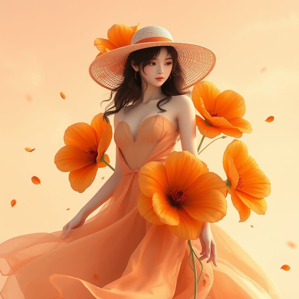 Elegant Woman in Orange Dress, Anime Art Style