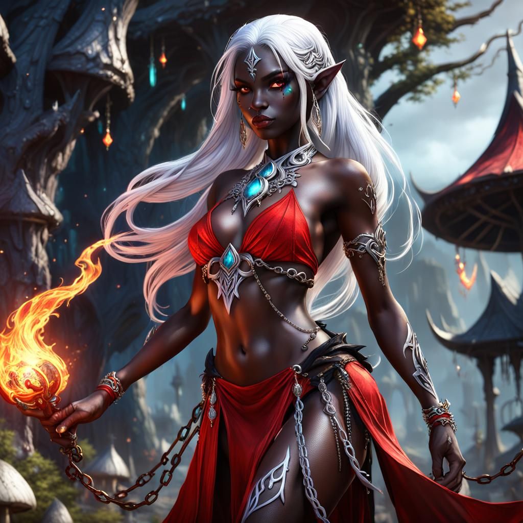 Onyx-Skinned Fire Sorceress in Fantasy Setting