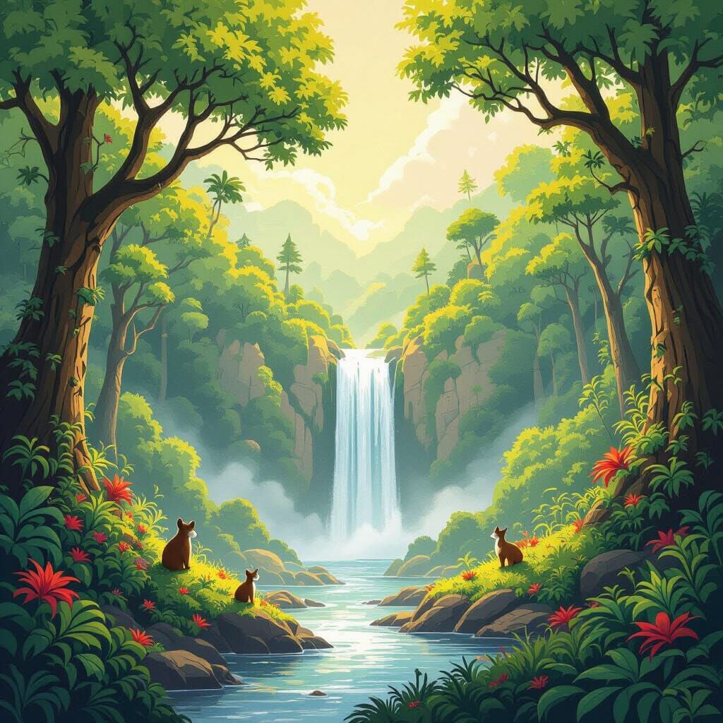 Lush Forest Waterfall Scene Inspired by Studio Ghibli