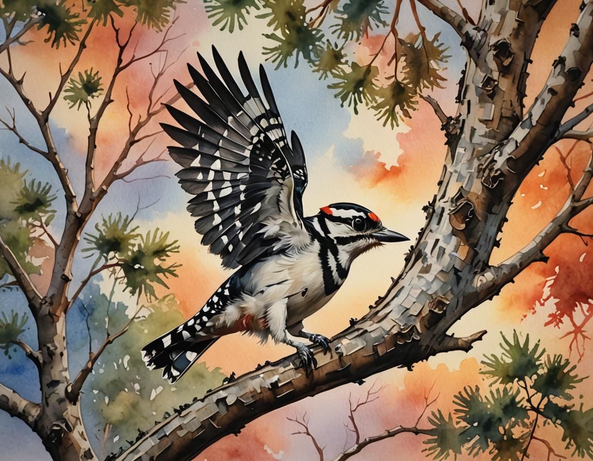 Woodpecker Ascends Oak: Watercolor Bird in Flight