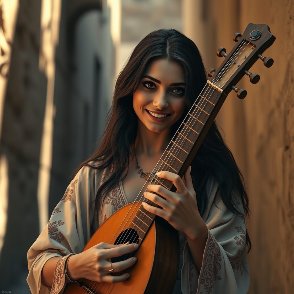 Arabic Lady Playing Oud in Ancient Alley