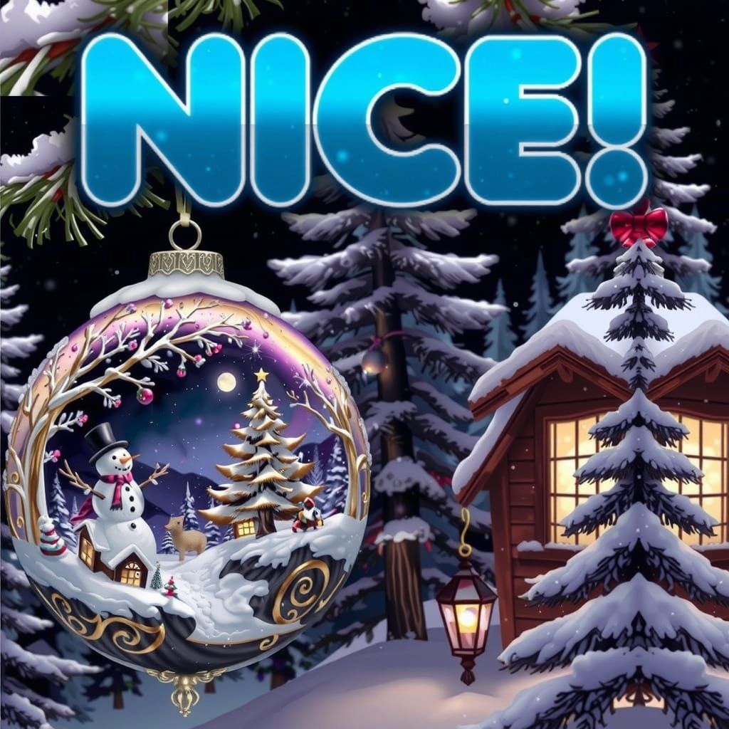 Text that says NICE above A Christmas ornament with pine tre...