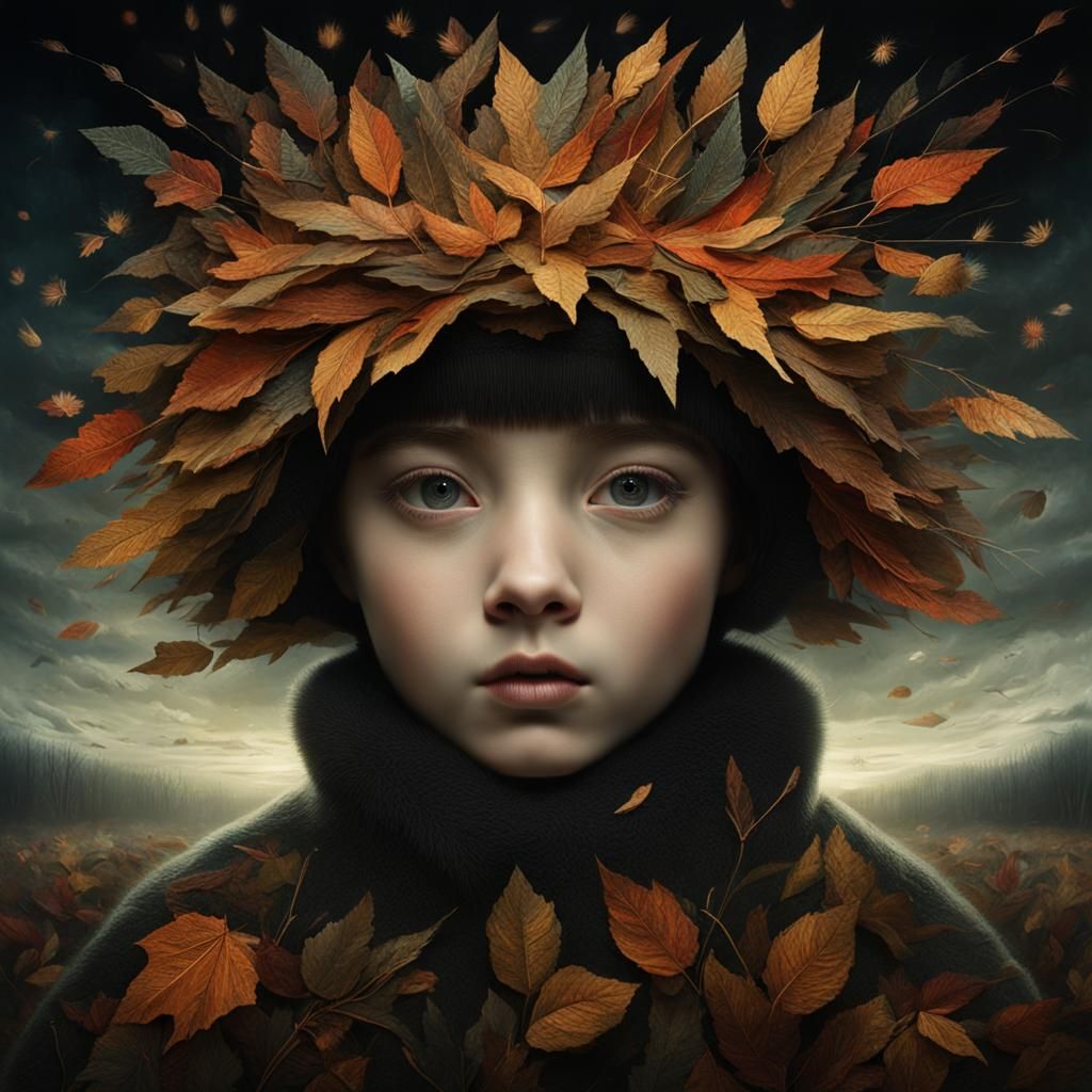 Autumnal Woman Portrait in Mixed-Media Style