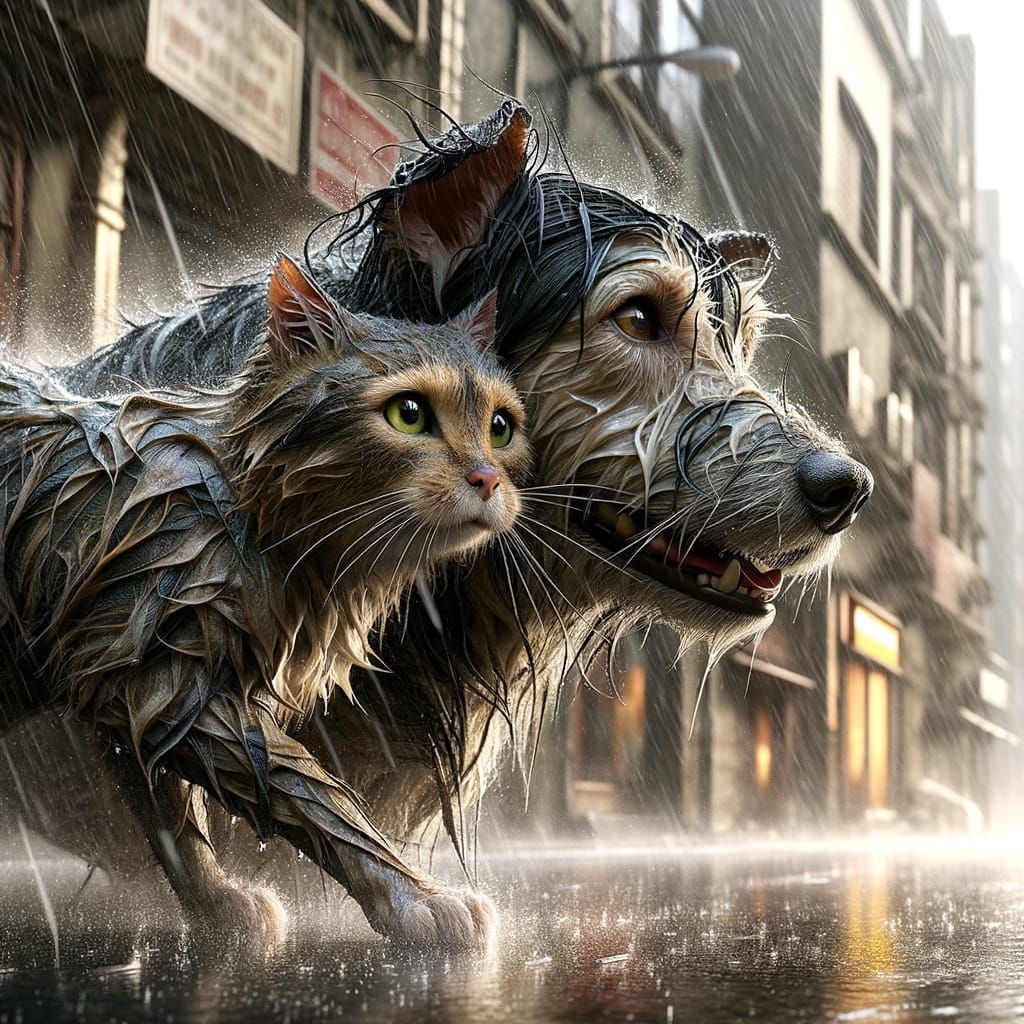Wet Street Friends: Cat & Dog in Rain