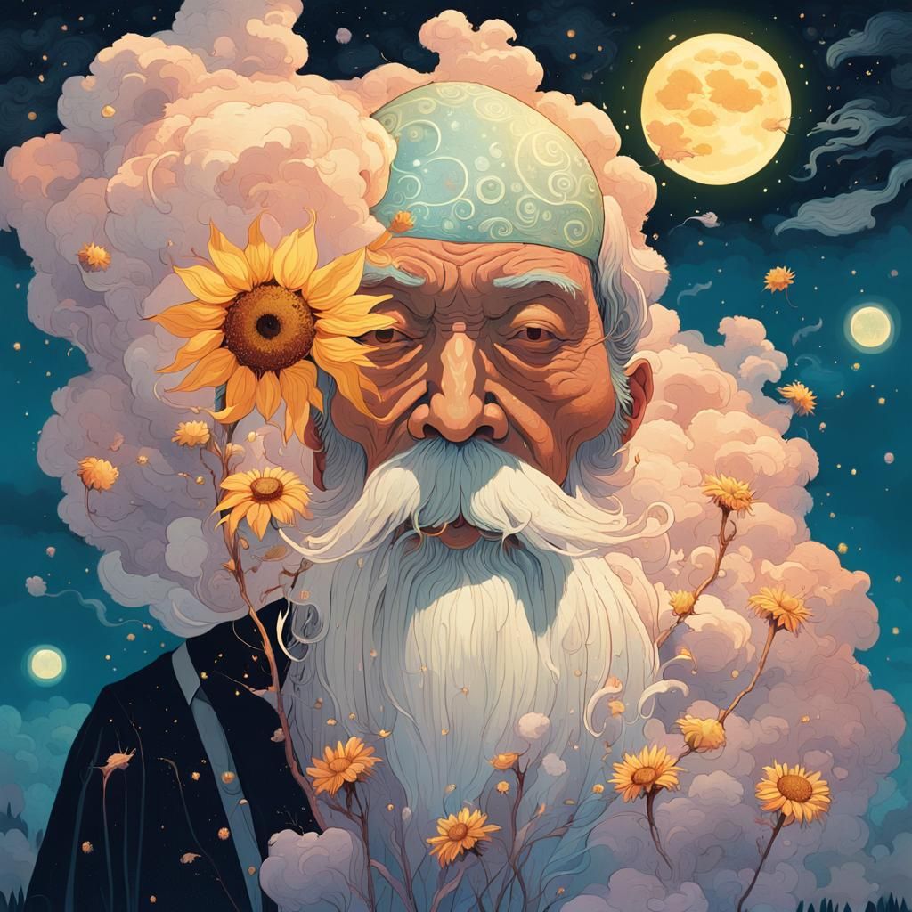 Fantasy Wizard with Cotton Candy Beard Illustration