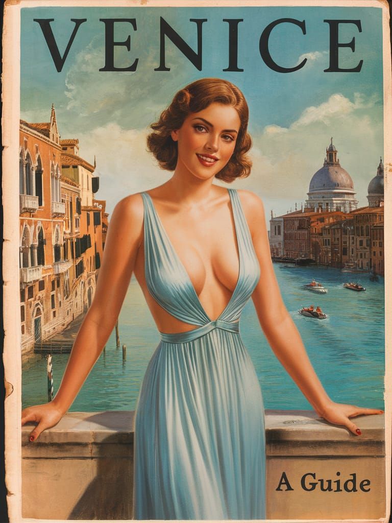 Vintage Pulp Art Woman in Elegant Gown Against Venice Citysc...