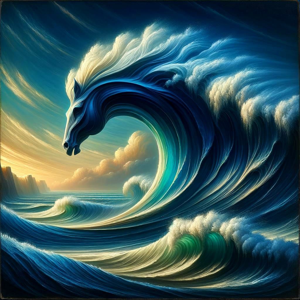 Seascape Oil Painting: Wave Forms a Horse
