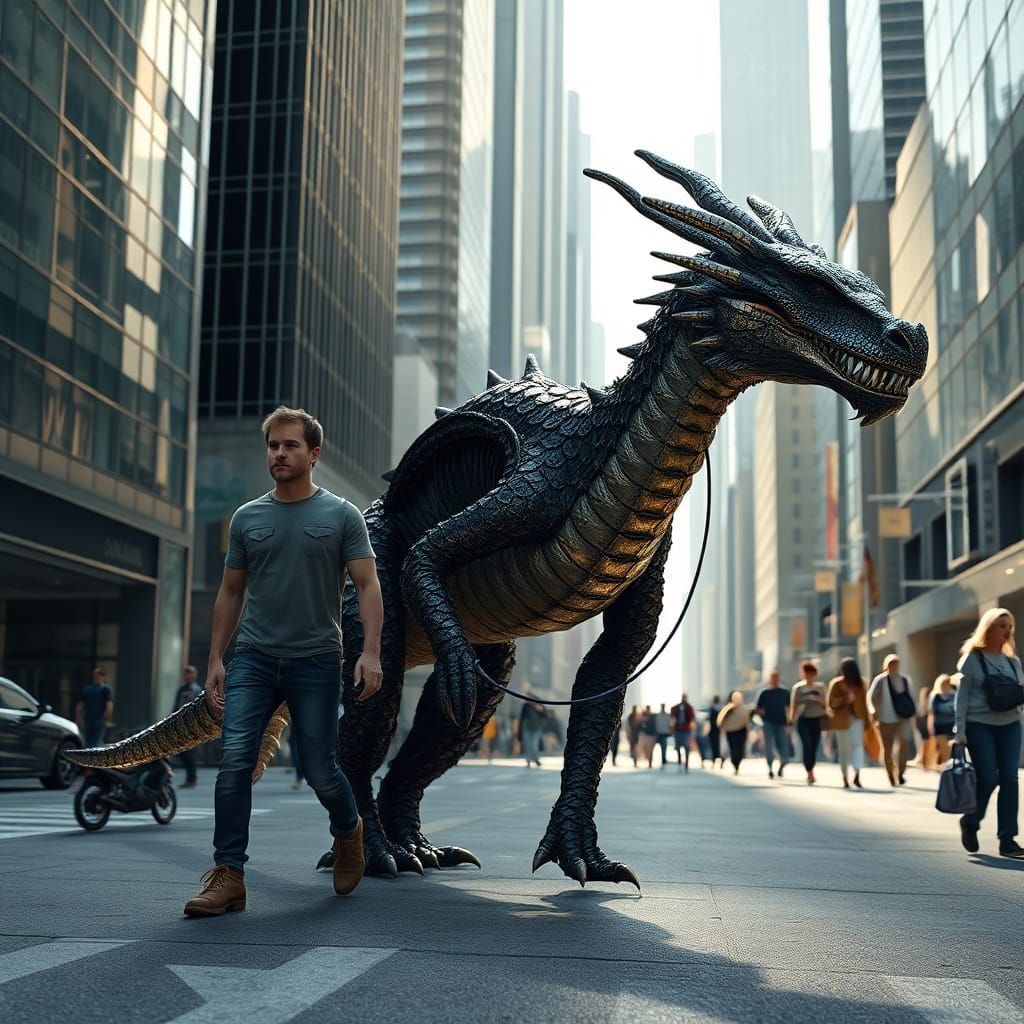 Majestic Dragon Walks City Street: 3D Render