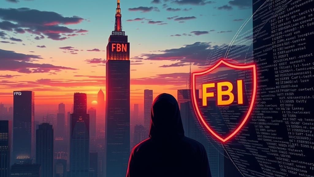 Futuristic Cityscape with VPN Shield vs. FBI Surveillance