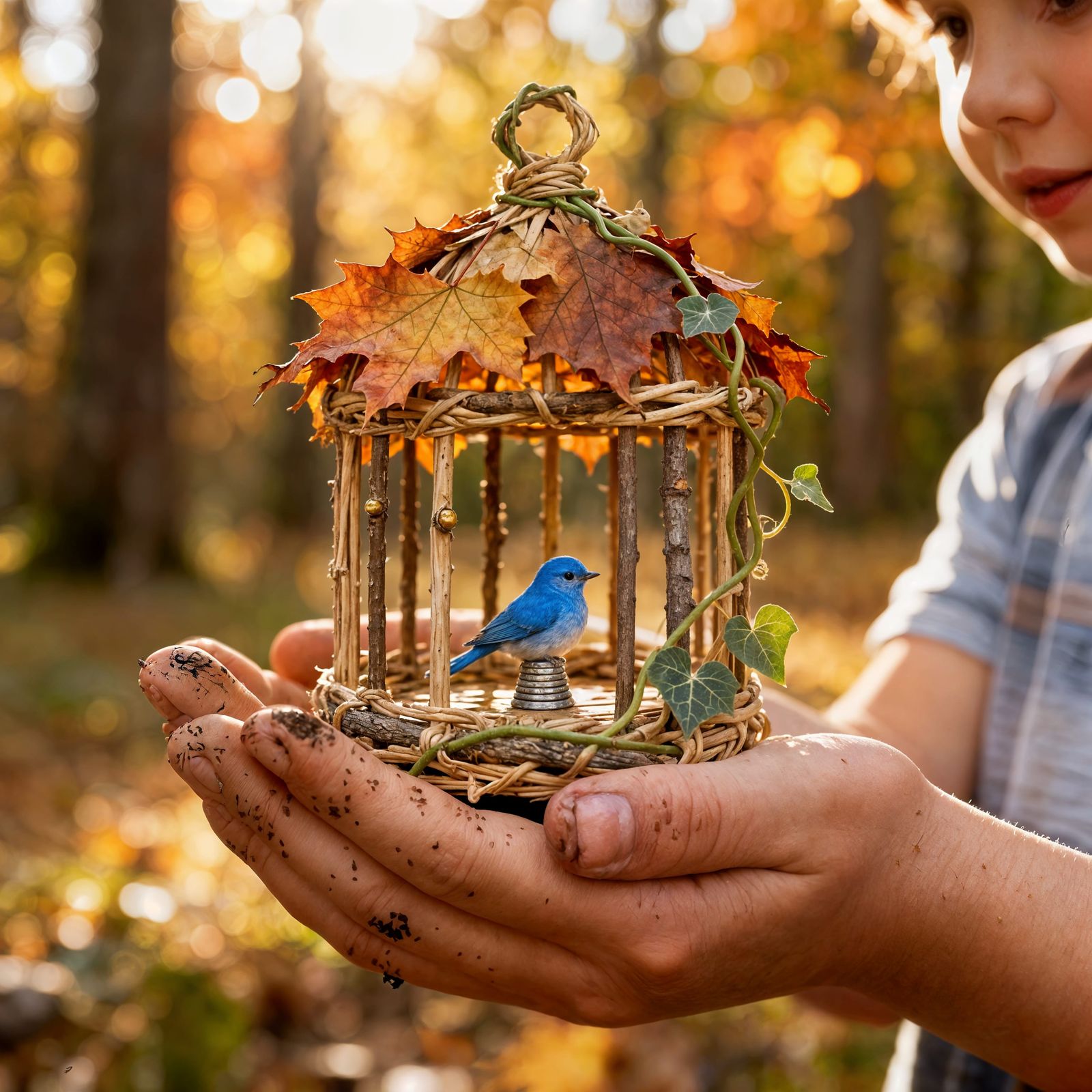 Intricate Leaf Birdcage Held By Child's Hands