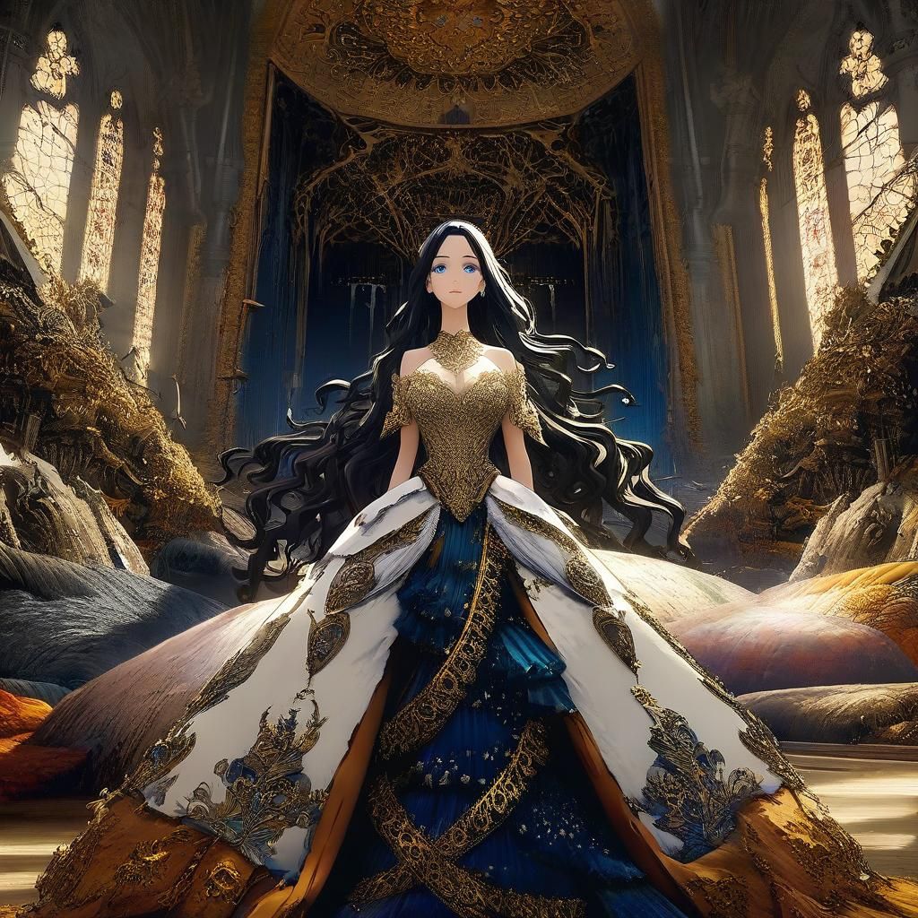 Anime Woman in Elegant Dress with Black Hair