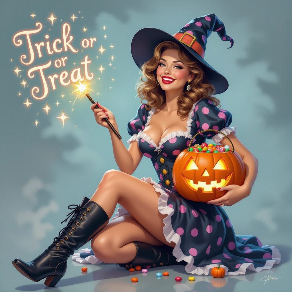Joyful Pin-Up Witch Holds Candy Pumpkin