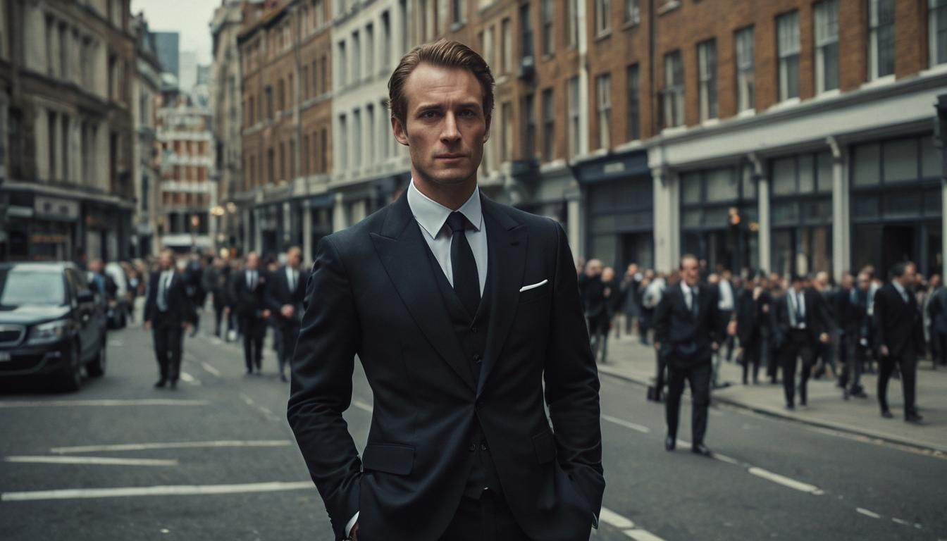 Edward I in Modern Suit: Cinematic Film Still