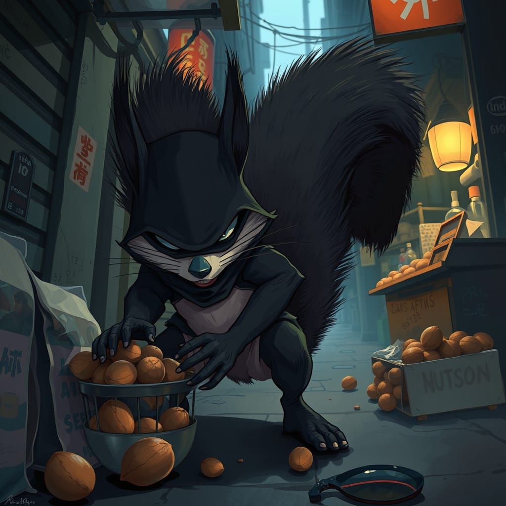 Anime Squirrel Burglar Stealing Nuts in Dark Alley