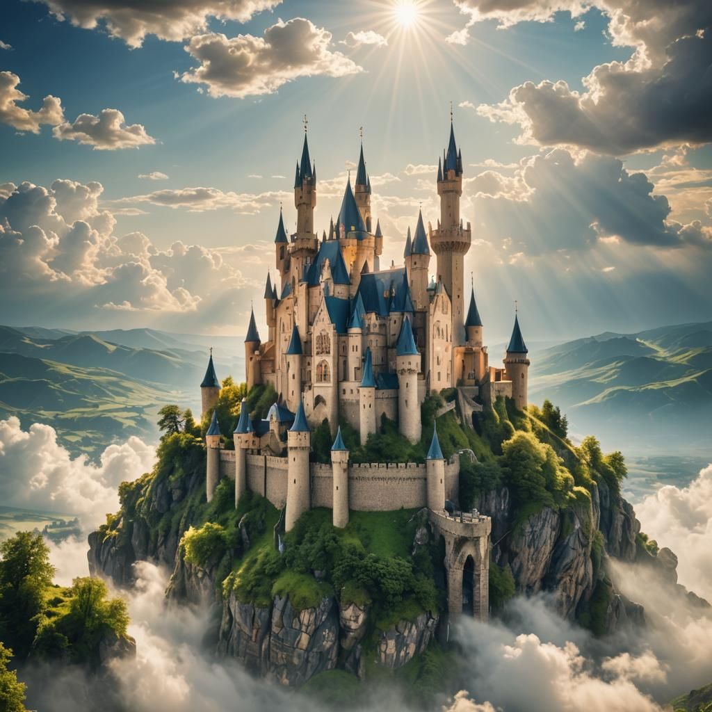 Dreamy Castle Landscape with Heavenly Sunshine